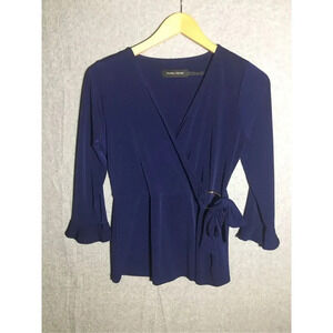 Womens Ivanka Trump Blouse Wrap Top Navy Blue Flattering Formal Business Work